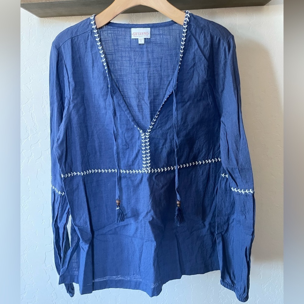 Shyanne| Country, Western Embroidered Long Sleeve Peasant Blouse in Blue•••Large